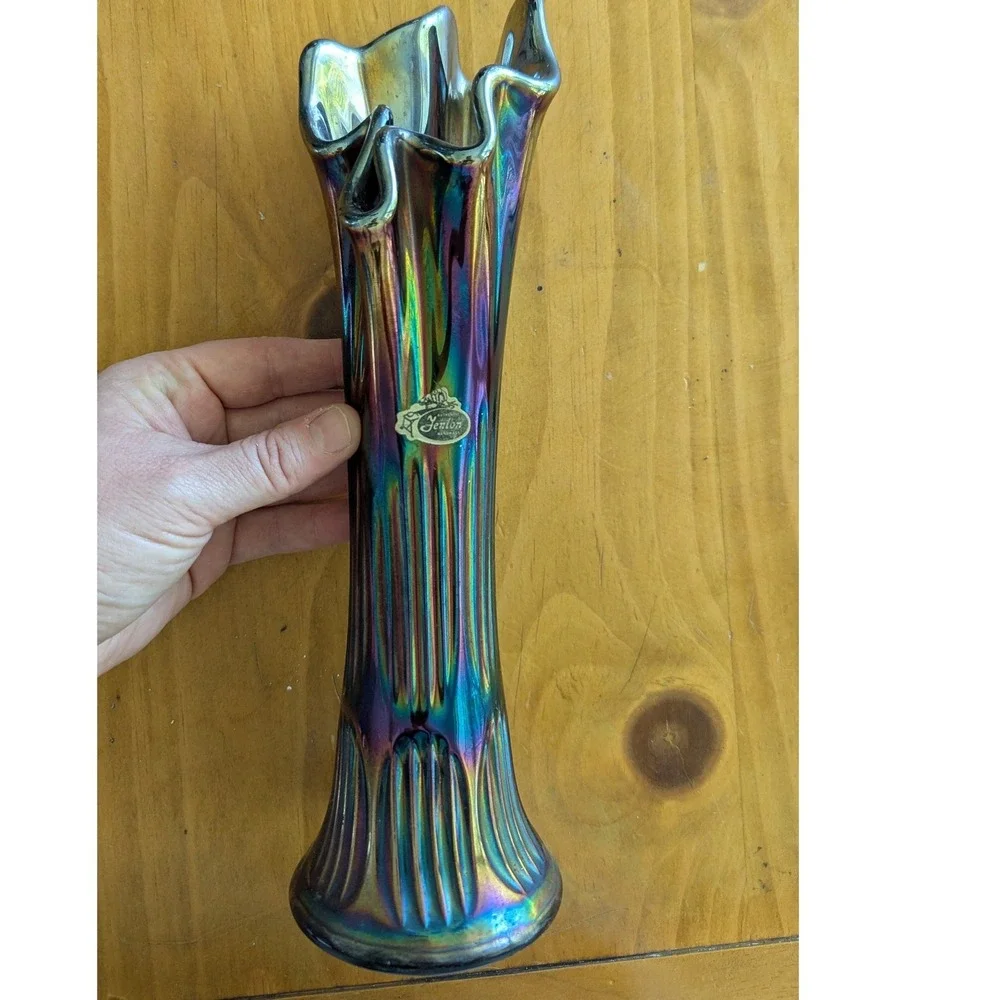 Fenton Amethyst Iridescent Carnival Glass Swung Bud Vase‎ Ruffled Rim 12 inch